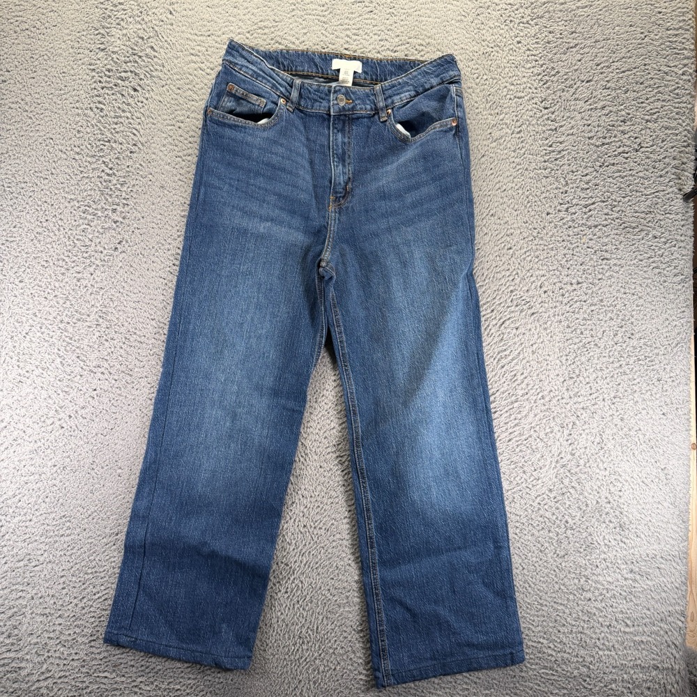 H&M Jeans Womens‎ 14 Blue Cotton Denim Straight Leg Faded Workwear Stretch Baggy